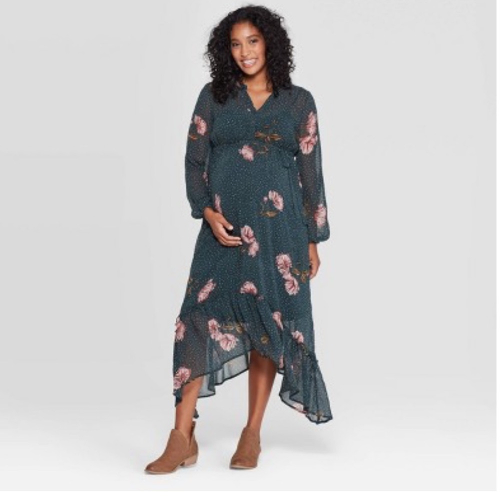Maternity Floral Print Long Sleeve Chiffon Maxi Dress